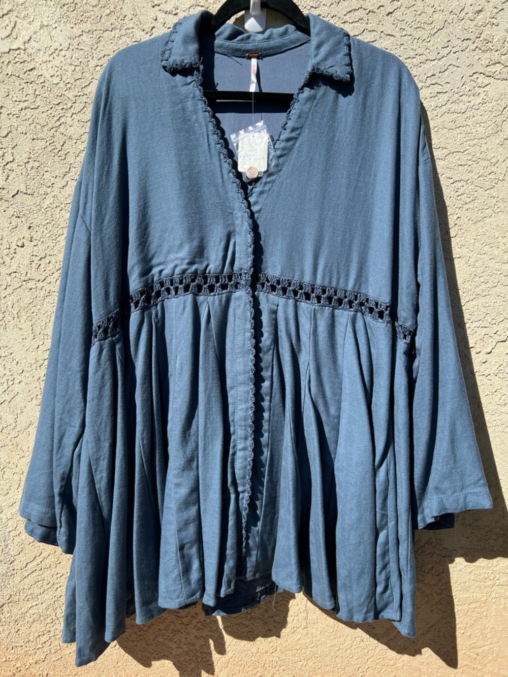 FREE PEOPLE HEAVY LINEN Hazy Dusty Medium Blue Baby Doll Mini Dress SIZE MEDIUM